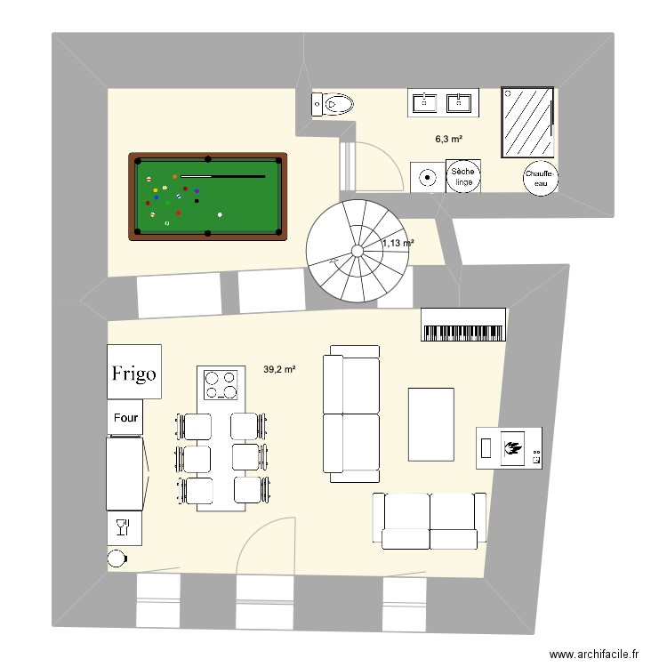 RDC. Plan de 3 pièces et 47 m2