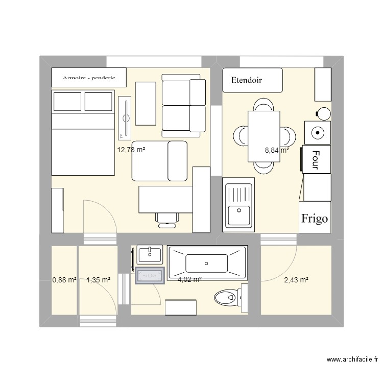 Appartement 1 pièce v2. Plan de 6 pièces et 30 m2