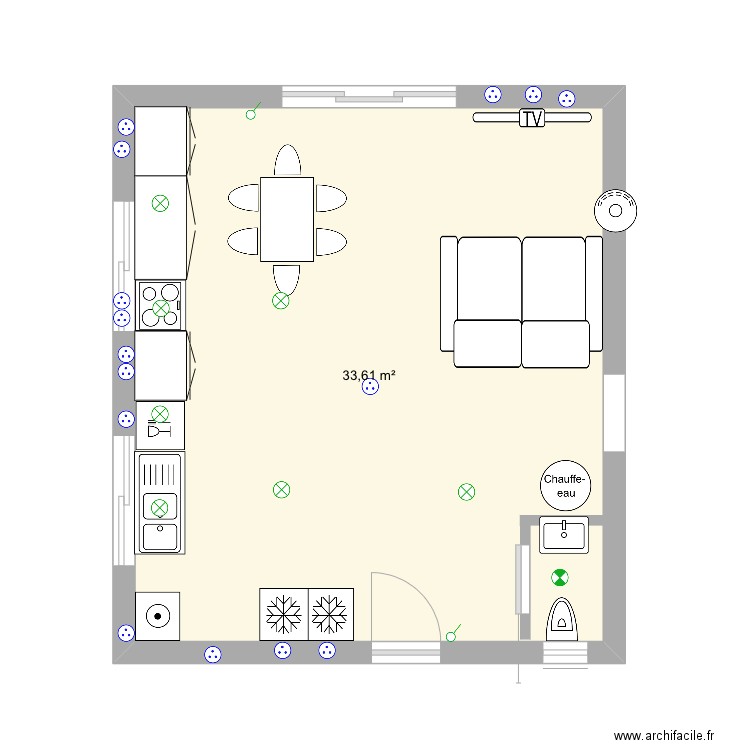 Salon wc . Plan de 1 pièce et 34 m2