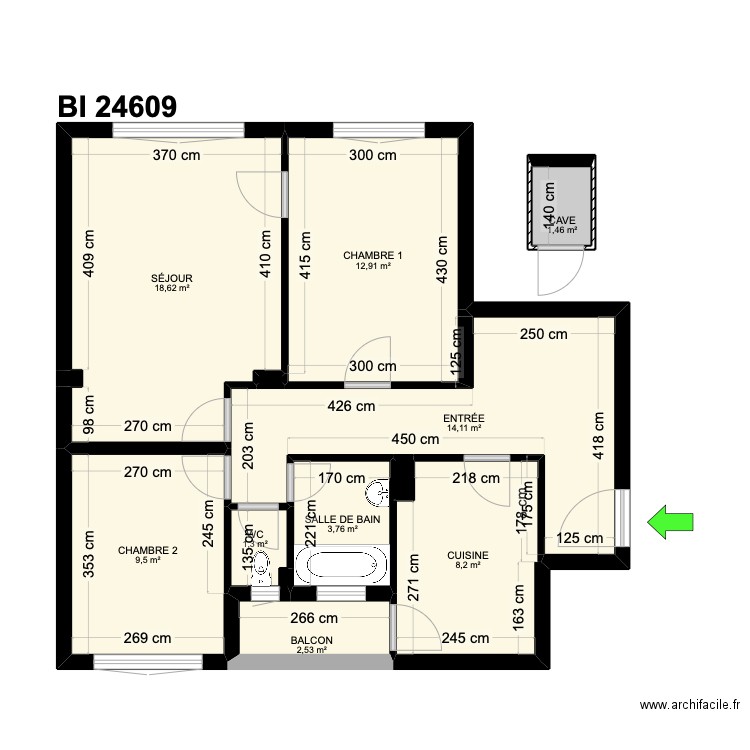 BI 24609. Plan de 13 pièces et 73 m2