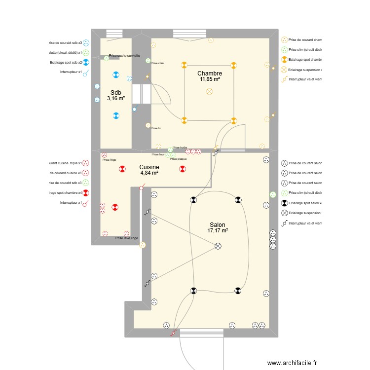 Plan électricité. Plan de 4 pièces et 37 m2