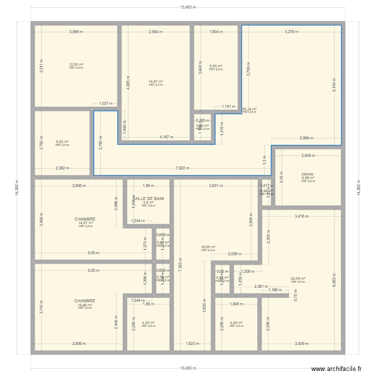 r+2. Plan de 18 pièces et 171 m2