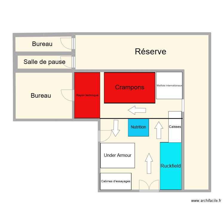 Plan magasin rugby store. Plan de 4 pièces et 115 m2