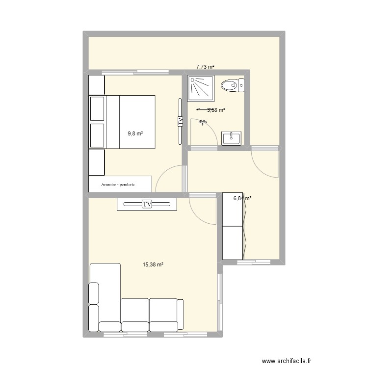 Chambre salon modèrne. Plan de 5 pièces et 43 m2