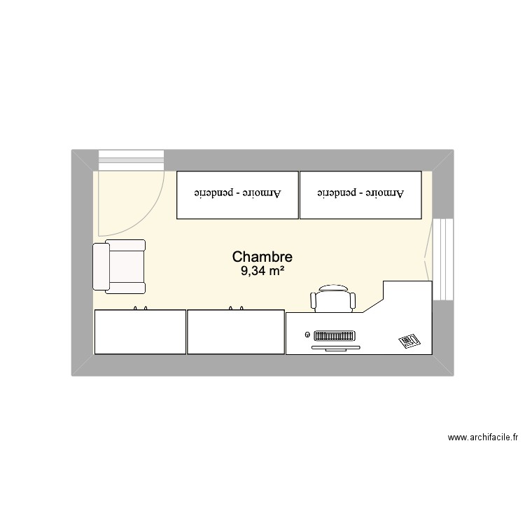 Bureau dressing. Plan de 1 pièce et 9 m2