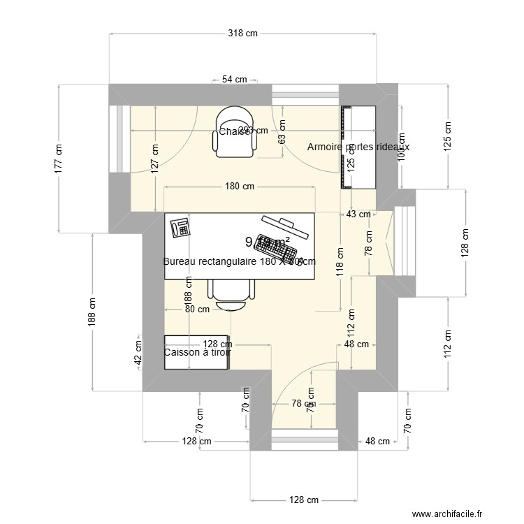 bureau Patricia. Plan de 1 pièce et 9 m2