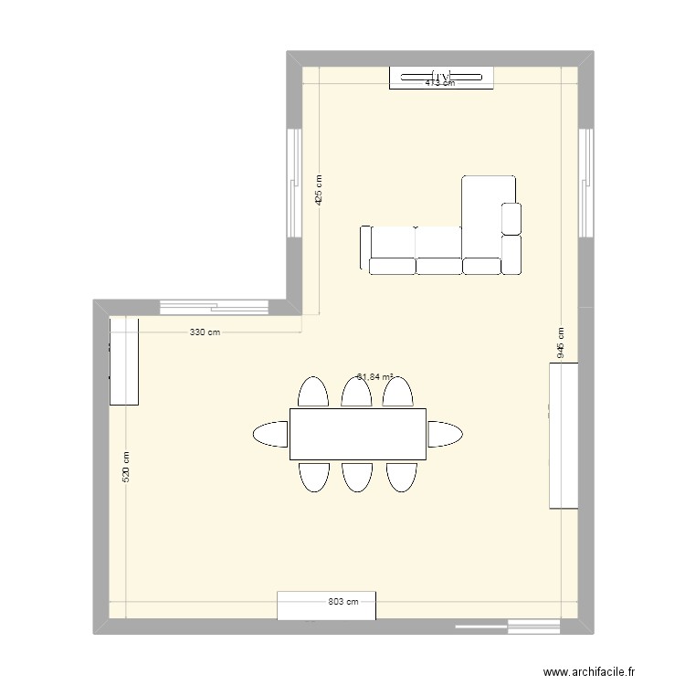 extension salon. Plan de 1 pièce et 62 m2