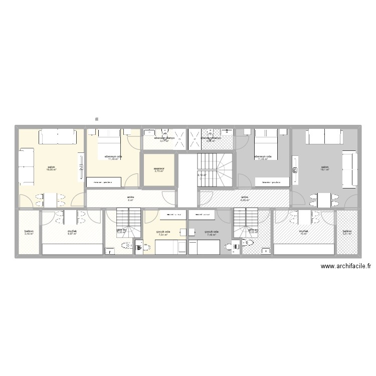 6 daire celaliye dubleks alti son. Plan de 18 pièces et 145 m2