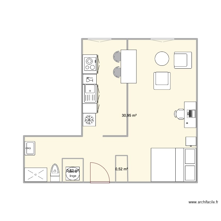 Studio Reine Astrid. Plan de 3 pièces et 32 m2