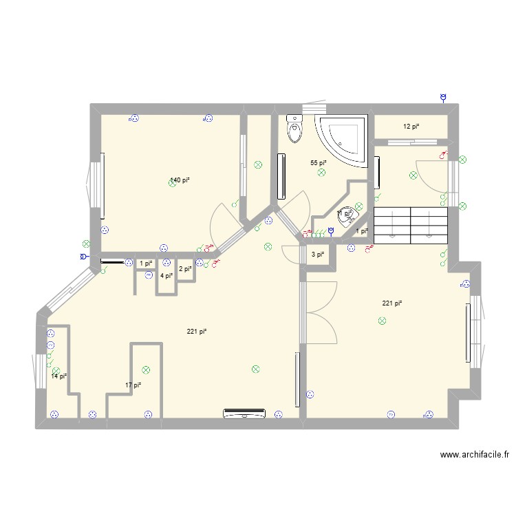 REZ DE CHAUSSÉE. Plan de 13 pièces et 65 m2