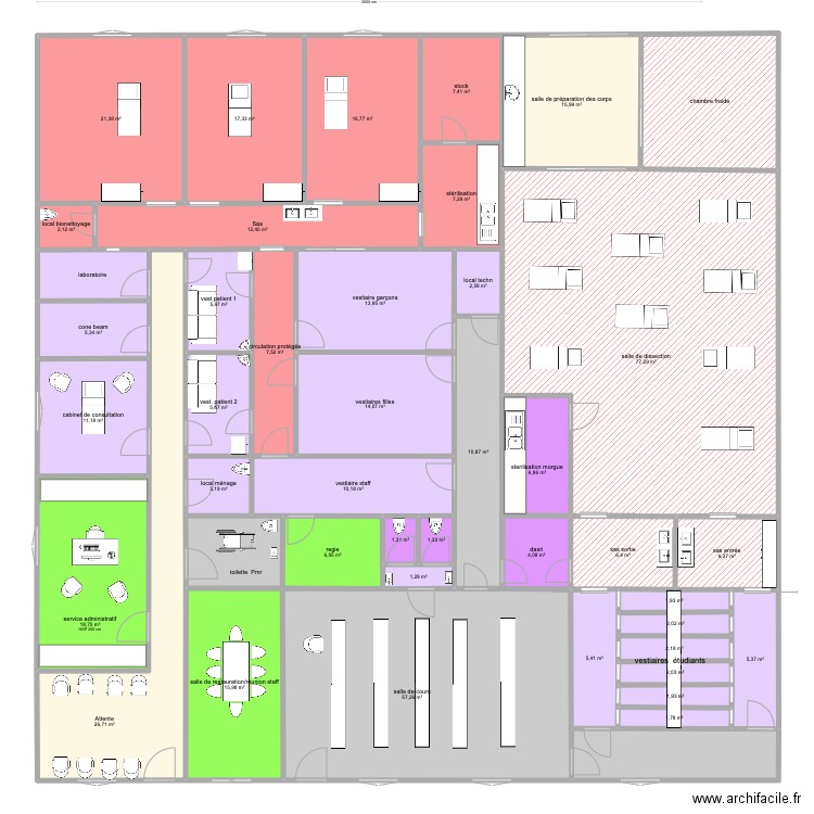 bloc a 3 salles + tp anatomie. Plan de 43 pièces et 470 m2