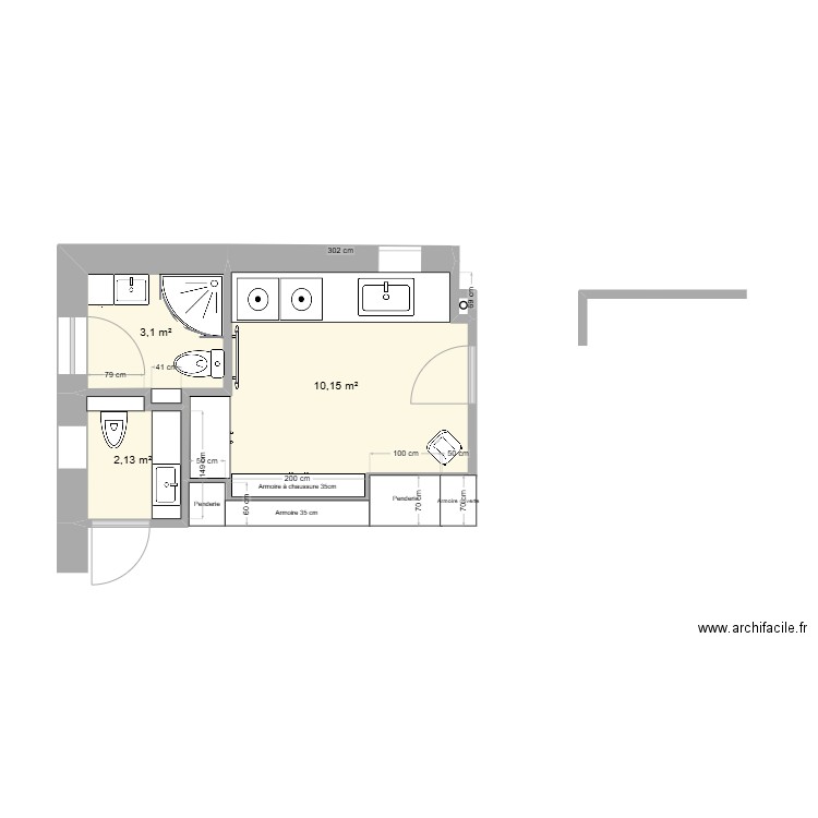 Buanderie - hall - w-c - SDD. Plan de 3 pièces et 15 m2