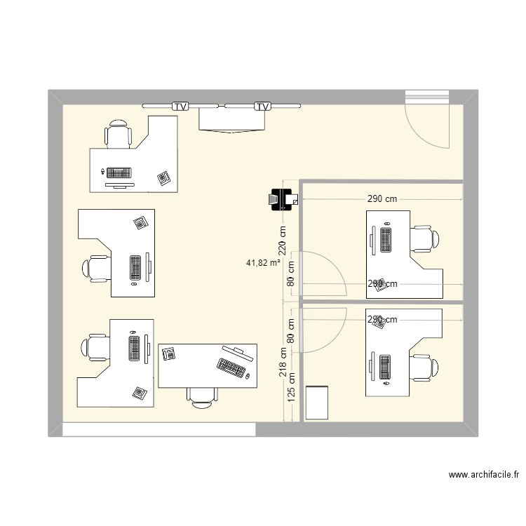 Bureau 3. Plan de 1 pièce et 42 m2