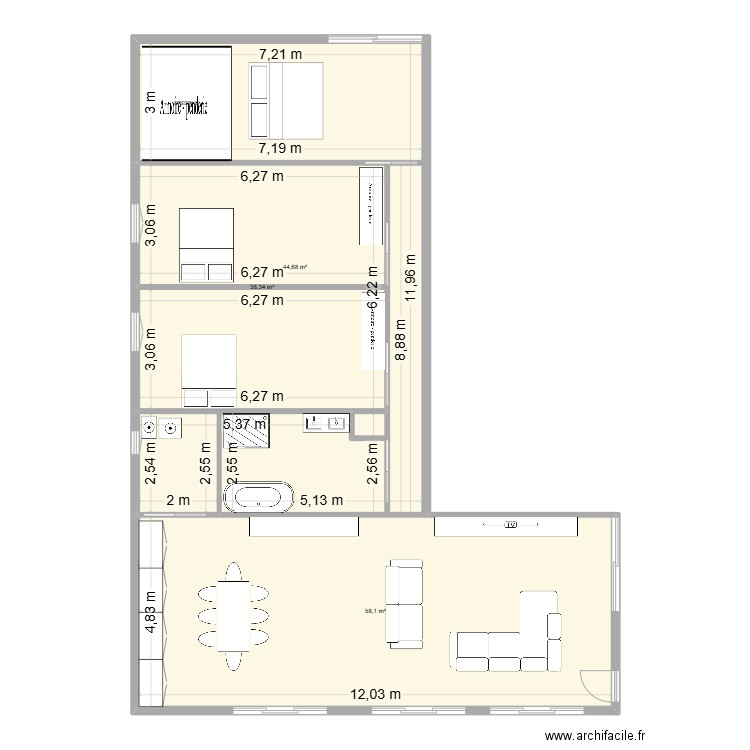 5 containers. Plan de 3 pièces et 141 m2