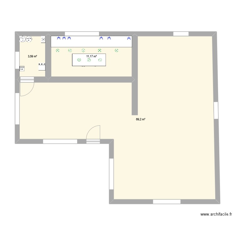 cuisine. Plan de 3 pièces et 84 m2