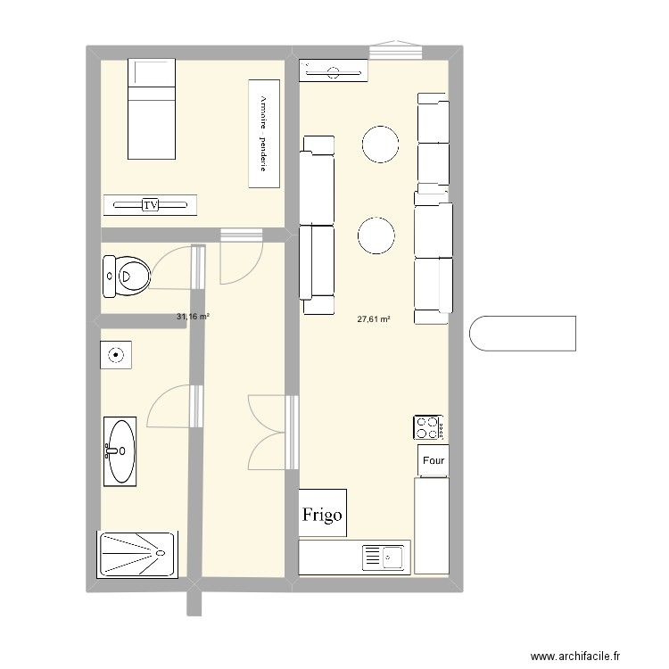 Chamoineuf . Plan de 2 pièces et 59 m2