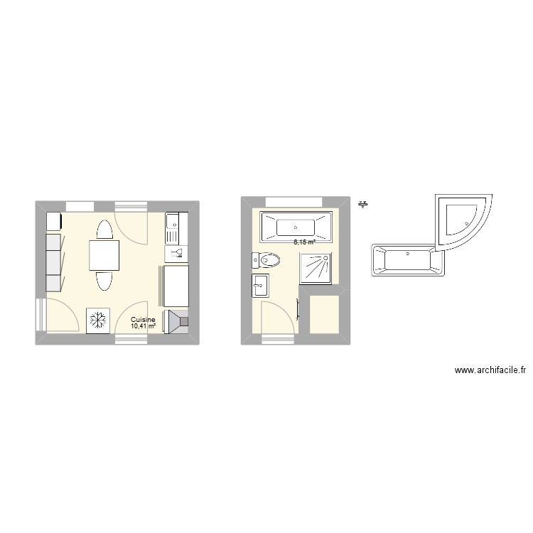 cuisine. Plan de 2 pièces et 17 m2