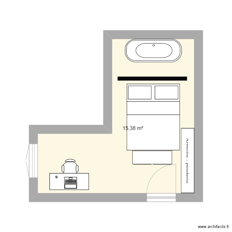 Chambre H. Plan de 1 pièce et 15 m2