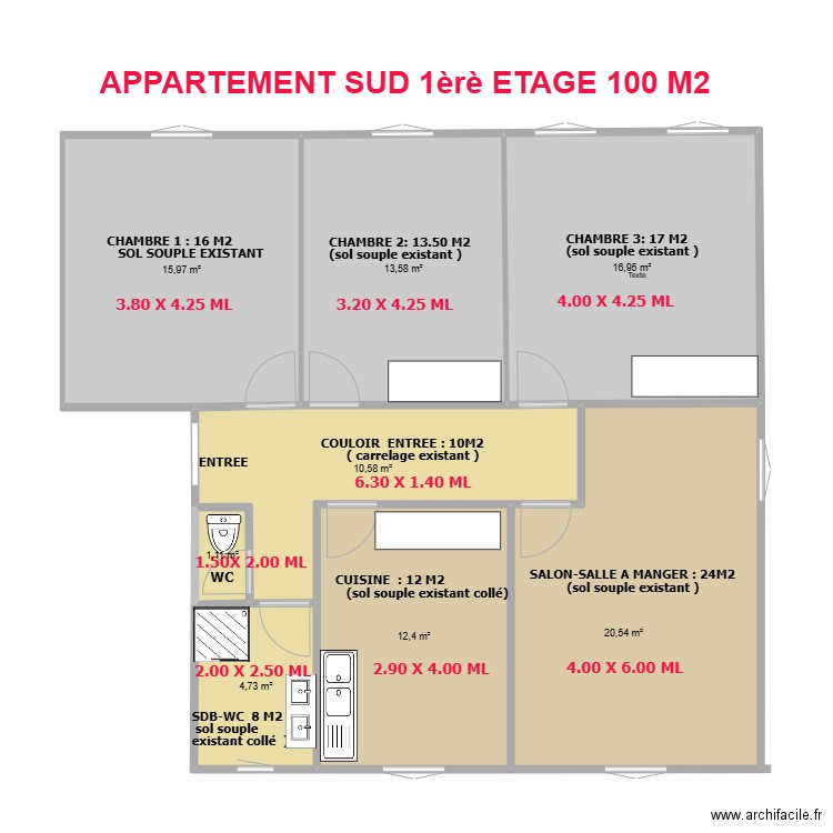 SCI LE POUZIN  APPARTEMENT 1 ETAGE SUD. Plan de 8 pièces et 96 m2