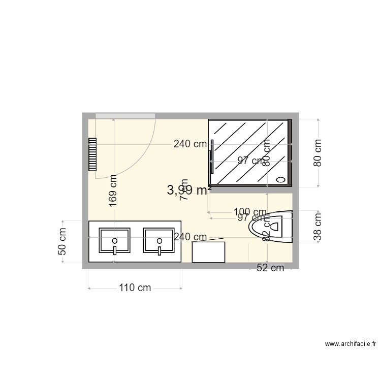 SDB-B 110 non arrondi. Plan de 1 pièce et 4 m2