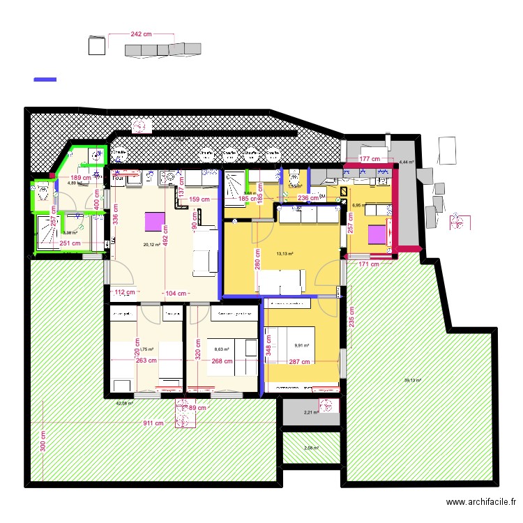 rdc gîtes bis. Plan de 19 pièces et 188 m2