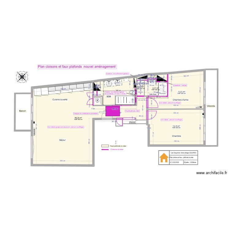 Plan cloisons et faux plafonds nouvel agencement . Plan de 8 pièces et 76 m2