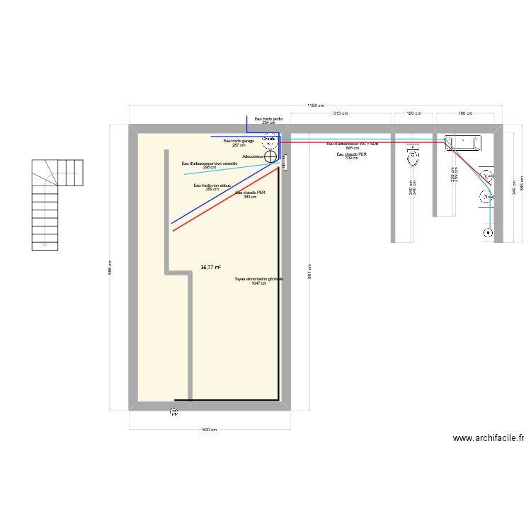 plomberie. Plan de 1 pièce et 37 m2