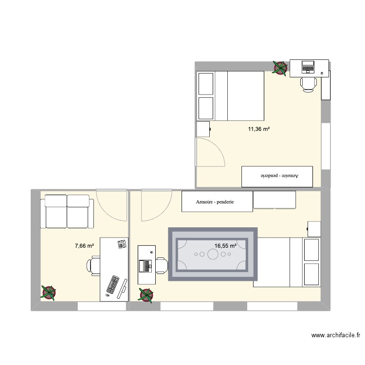 etage. Plan de 3 pièces et 36 m2