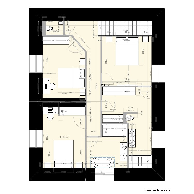 etage. Plan de 2 pièces et 71 m2