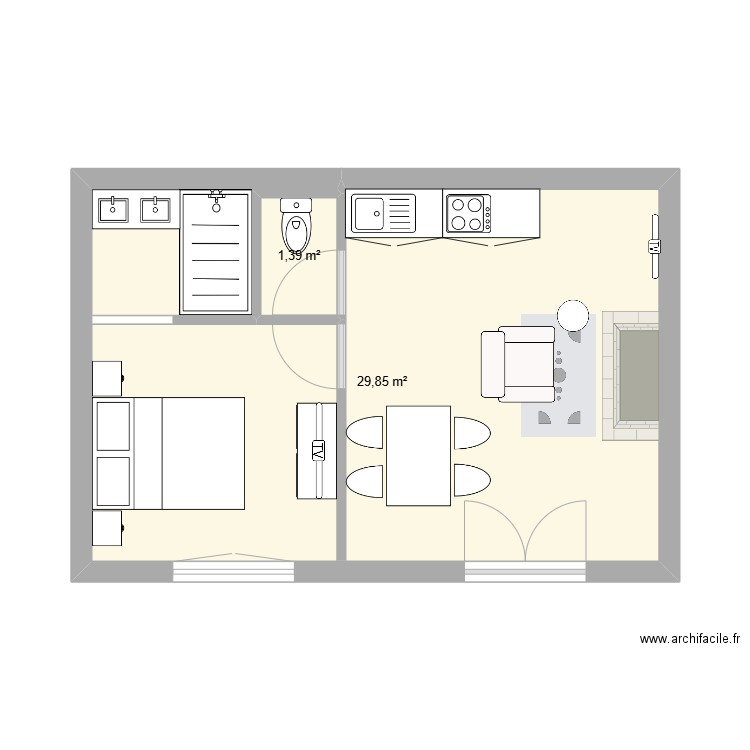 dependance. Plan de 2 pièces et 31 m2