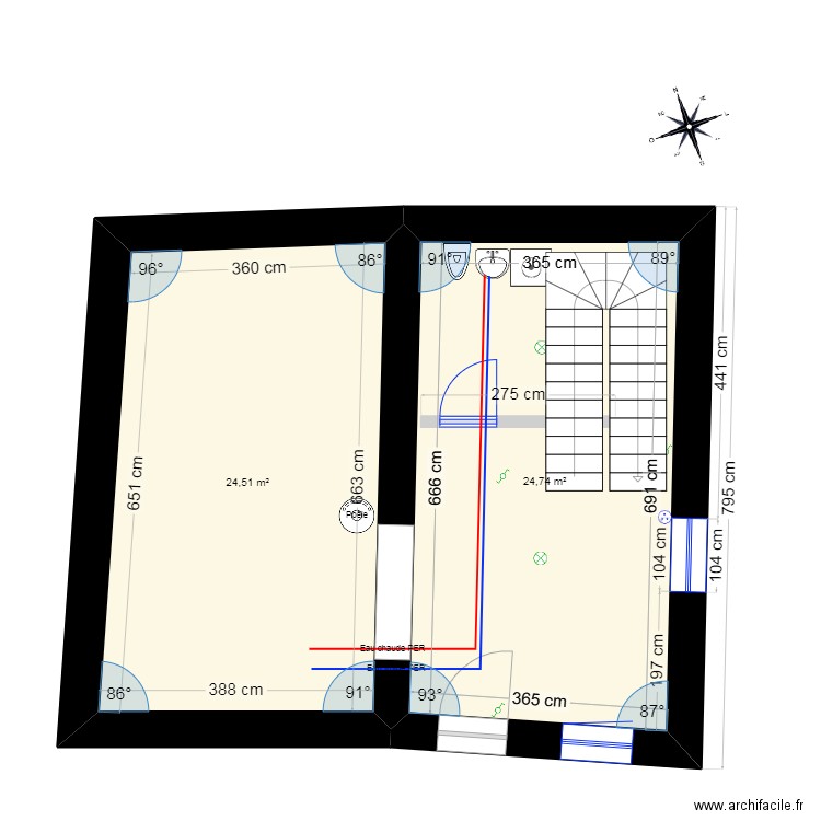 chaufferie. Plan de 2 pièces et 49 m2