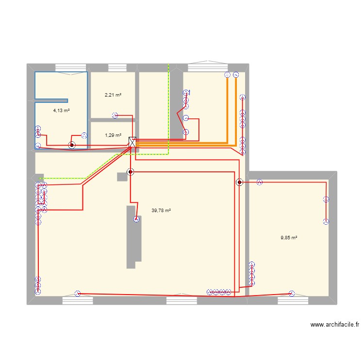 Electricité - Plan alimentation 230V. Plan de 5 pièces et 57 m2