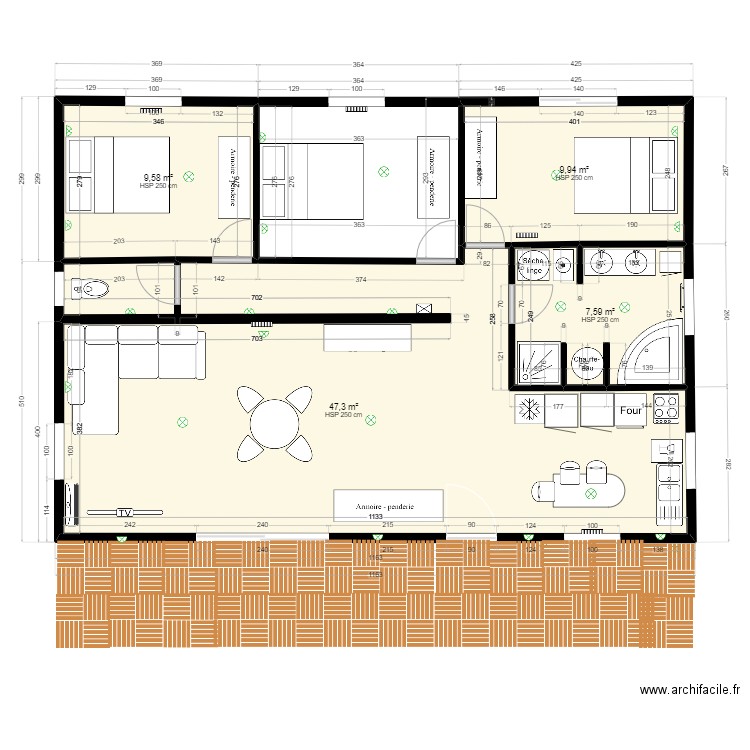 F4 -90 M2. Plan de 4 pièces et 74 m2