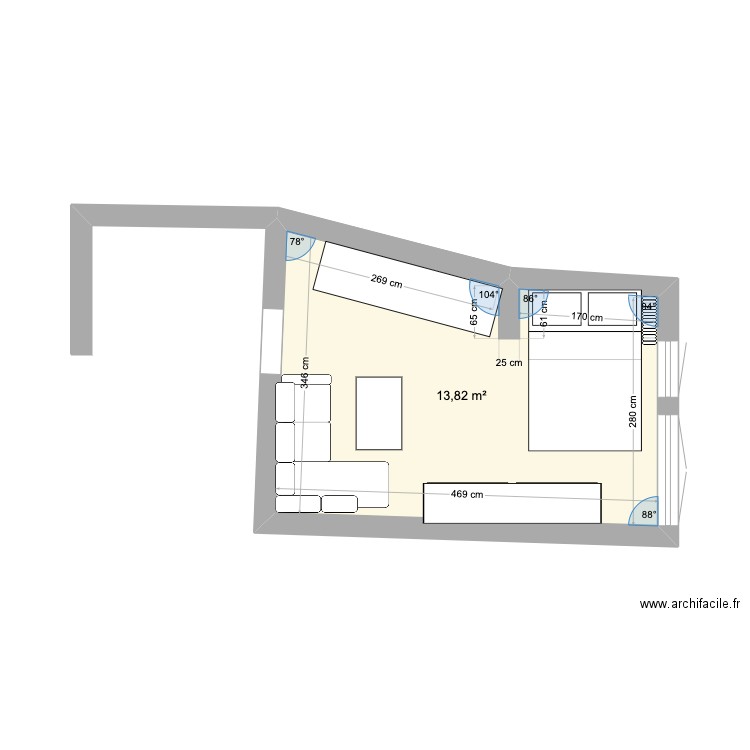 desnouettes. Plan de 1 pièce et 14 m2