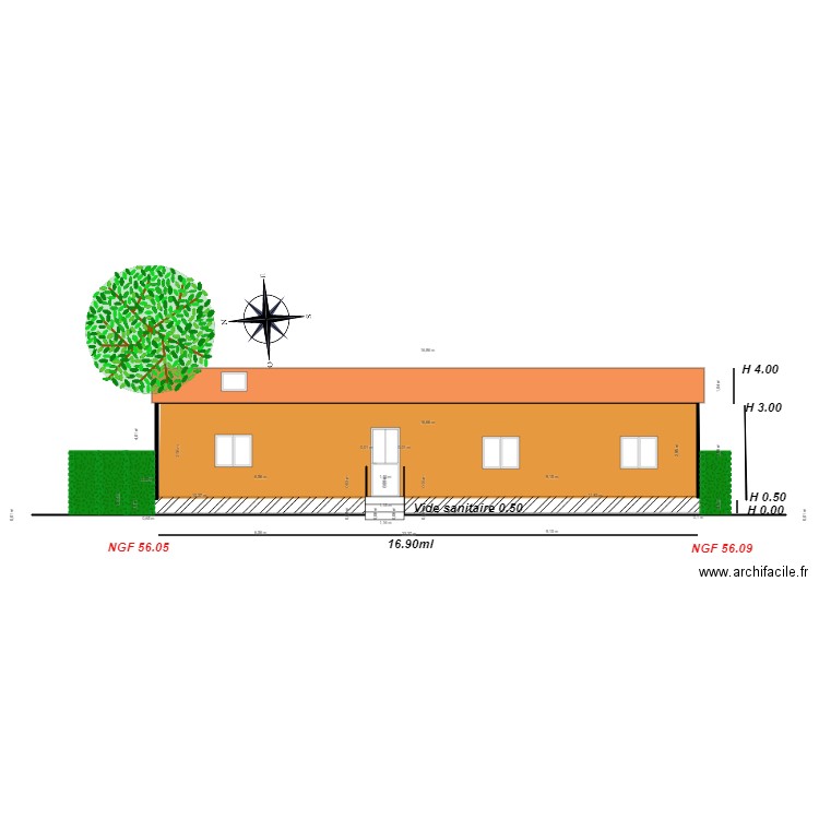 Facade OUEST                chalet 37. Plan de 2 pièces et 17 m2