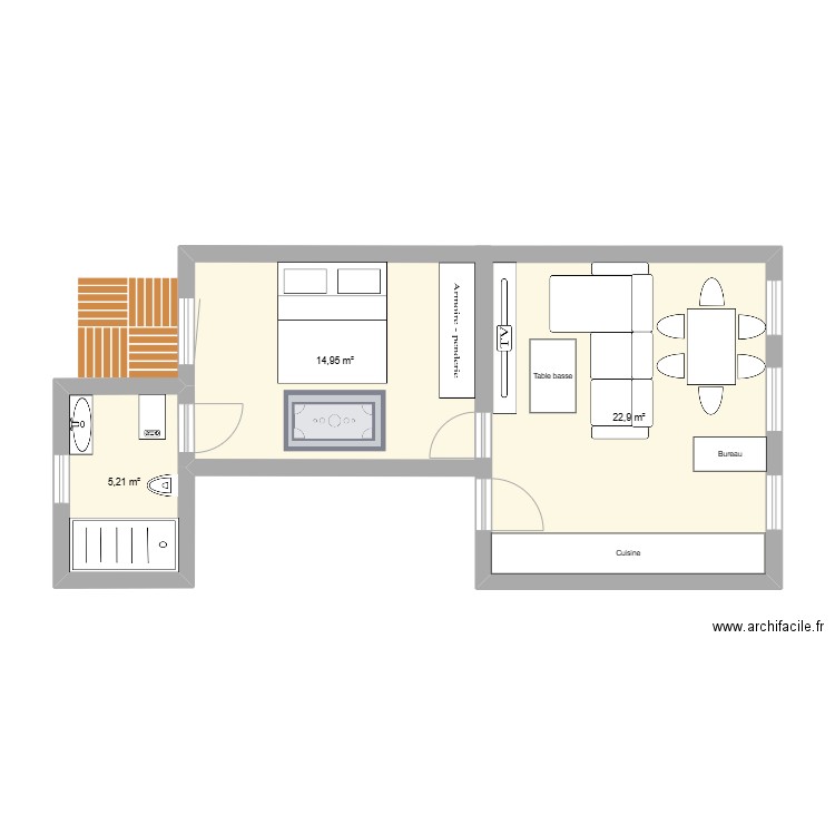 Apart 1er. Plan de 3 pièces et 43 m2