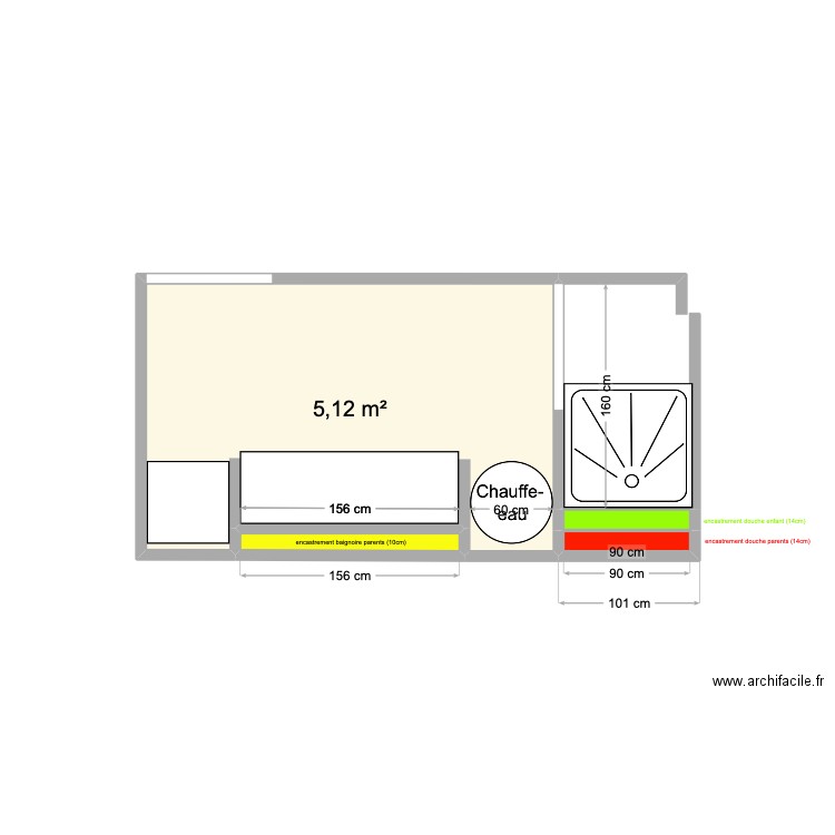 sdb enfants râteau. Plan de 4 pièces et 6 m2