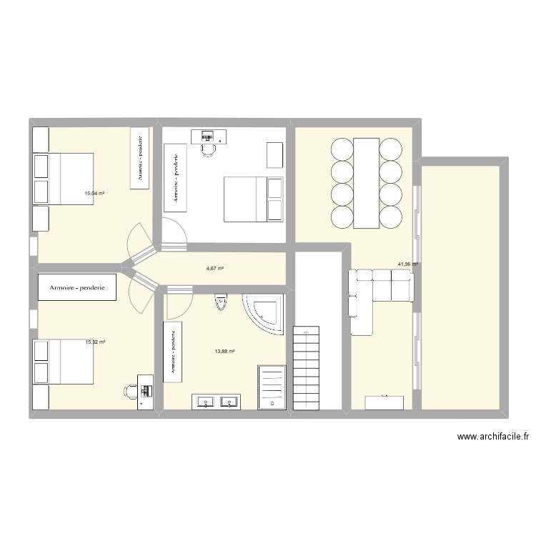 étage château Walch . Plan de 5 pièces et 91 m2