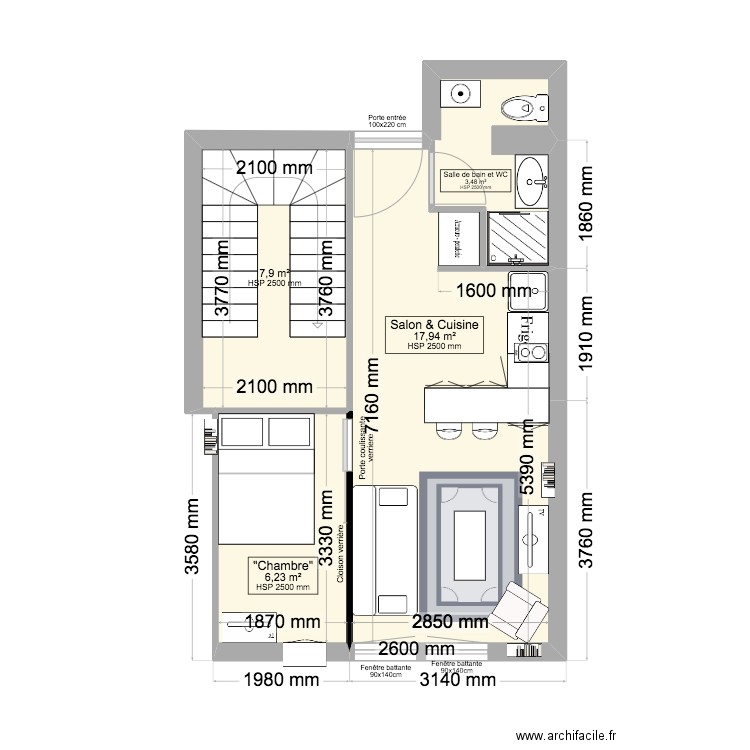 RDC STUDIO. Plan de 4 pièces et 36 m2