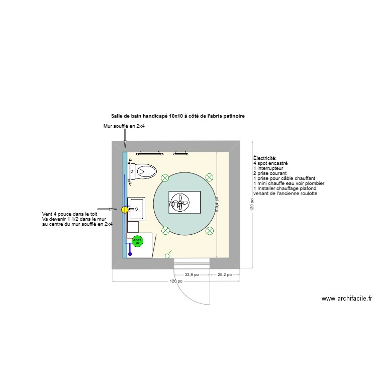 Salle de bain test handicapé V2. Plan de 1 pièce et 7 m2