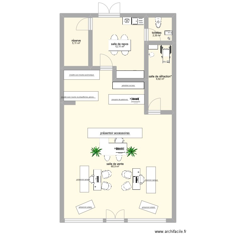 magasin optique. Plan de 5 pièces et 87 m2