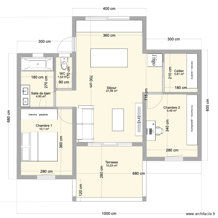 71 m2 t3. Plan de 7 pièces et 67 m2