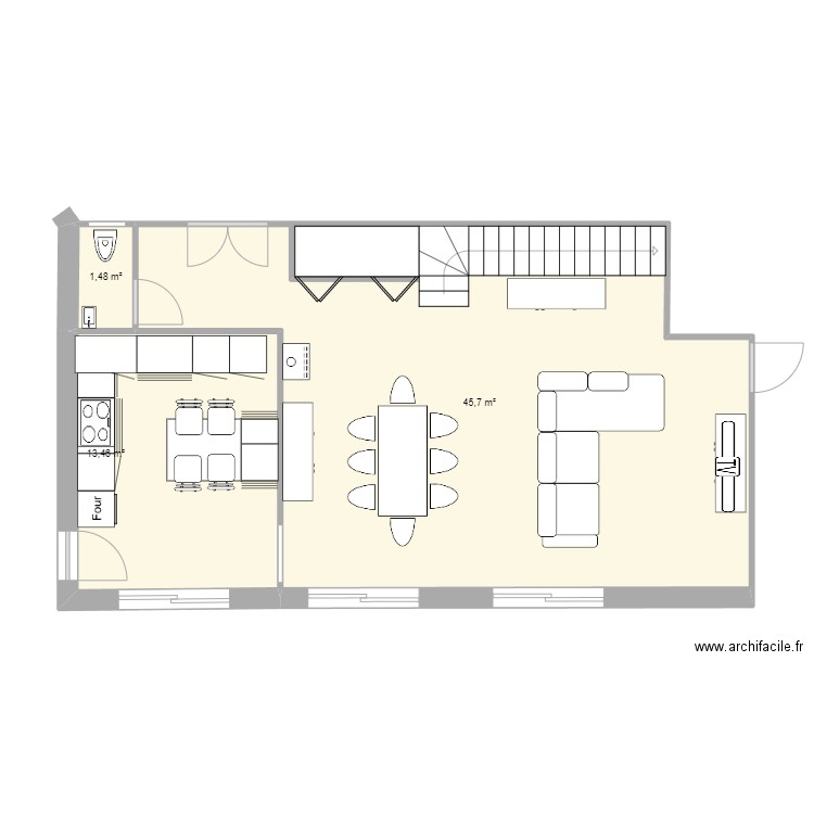 Maison salon/cuisine. Plan de 3 pièces et 61 m2