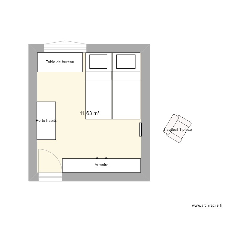 Chambre nico. Plan de 1 pièce et 12 m2