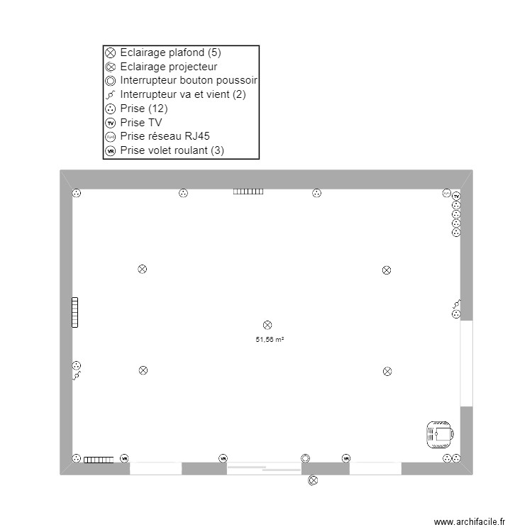 salle. Plan de 1 pièce et 52 m2