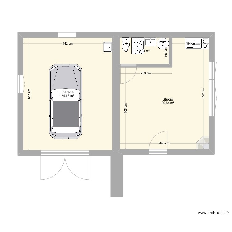 Garage CARS. Plan de 3 pièces et 49 m2