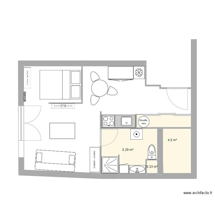 STUDIO. Plan de 3 pièces et 10 m2