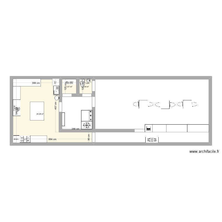 magasin. Plan de 3 pièces et 27 m2