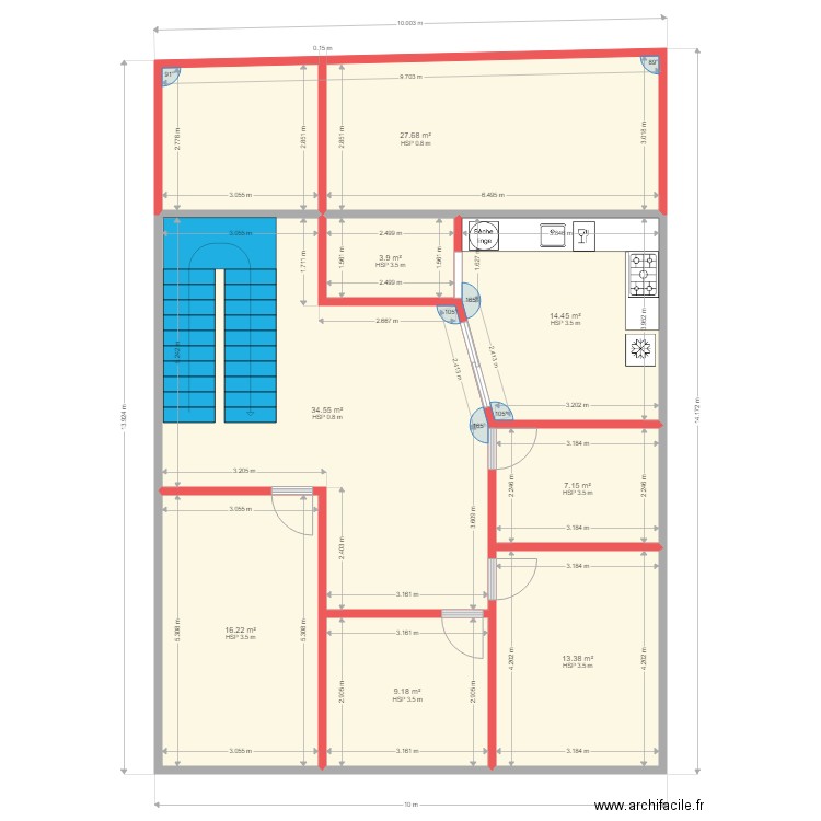 droj. Plan de 8 pièces et 127 m2