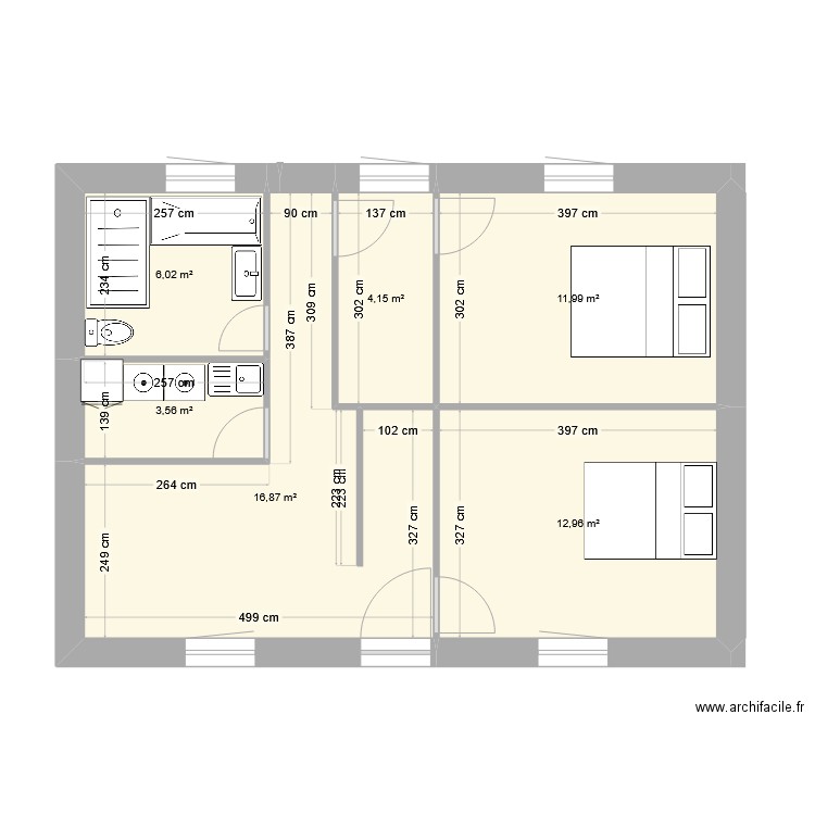 plan 1 er etage V2. Plan de 6 pièces et 56 m2